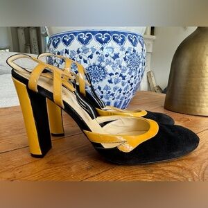 PRADA Black Suede Yellow Patent Block Heel Slingback Sandals 9.5-10/ EU 40